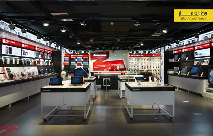 طراحی داخلی فروشگاه کامپیوتر و موبایل برند Lenovo - خط معمار