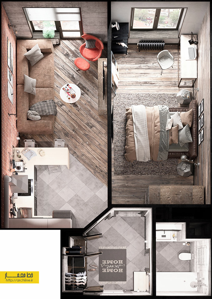 طراحی داخلی آپارتمان کوچک،دکوراسیون آپارتمان کوچک،بتن و آجر در طراحی داخلی