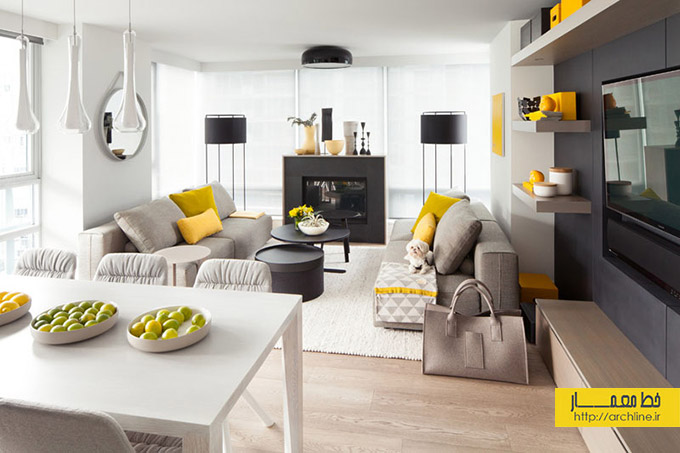 ترکیب رنگ های زرد، خاکستری و سفید در دکوراسیون داخلی
