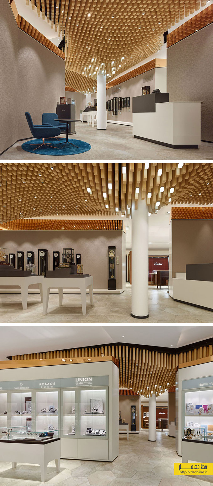 طراحی داخلی شوروم،طراحی سقف خلاقانه با چوب