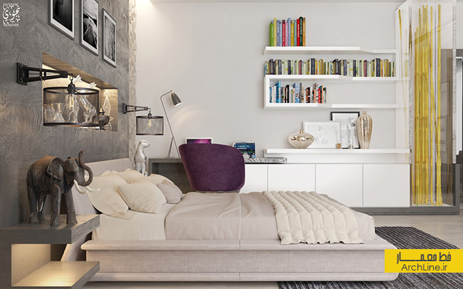شلف کتاب،طراحی داخلی اتاق خواب،کتابخانه برای اتاق خواب،دکوراسیون اتاق خواب