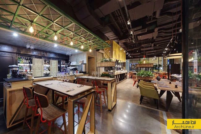 طراحی داخلی رستوران،طراحی داخلی رستوران به سبک صنعتی،چوب در طراحی داخلی رستوران