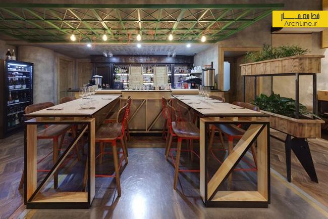 طراحی داخلی رستوران،طراحی داخلی رستوران به سبک صنعتی،چوب در طراحی داخلی رستوران