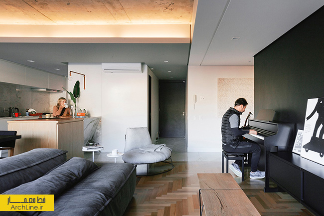 طراحی مدرن آپارتمان، استفاده از چوب و بتن