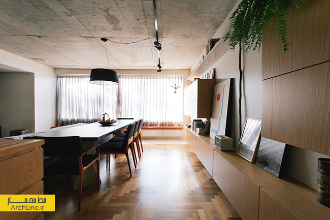 طراحی مدرن آپارتمان، استفاده از چوب و بتن