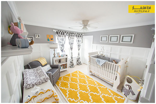 اتاق خواب کودک با ترکیب رنگ زرد و خاکستری