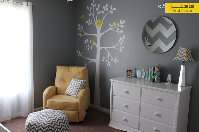 اتاق خواب کودک با ترکیب رنگ زرد و خاکستری