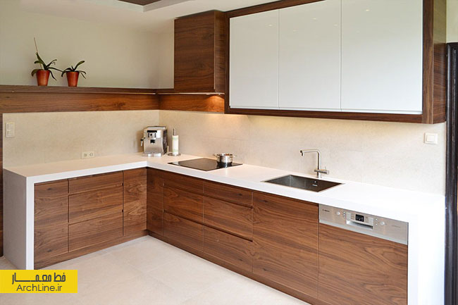 آشپزخانه سفید مدرن، متریال چوبی