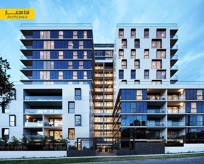 معماری ساختمان مسکونی با نمای مدرن، هر طبقه ۱۶ واحد - خط معمار
